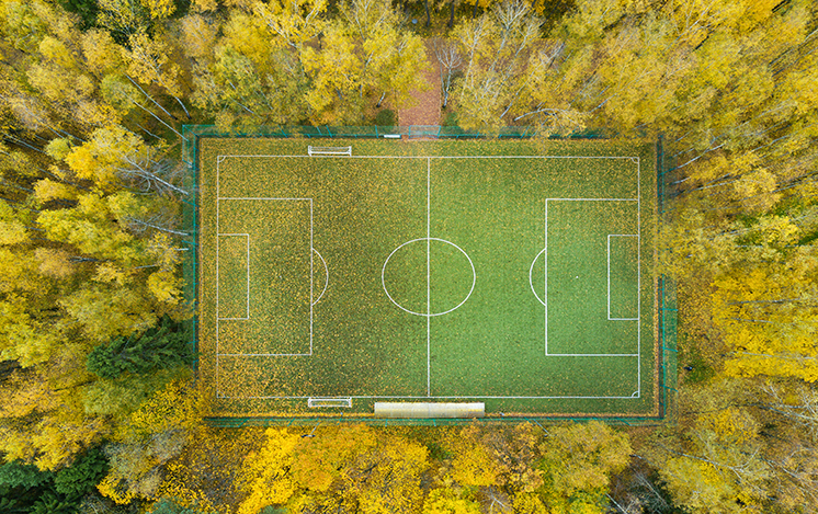 Football pitch surrounded by autumn yellow forest Football pitch surrounded by autumn yellow forest - aerial view
