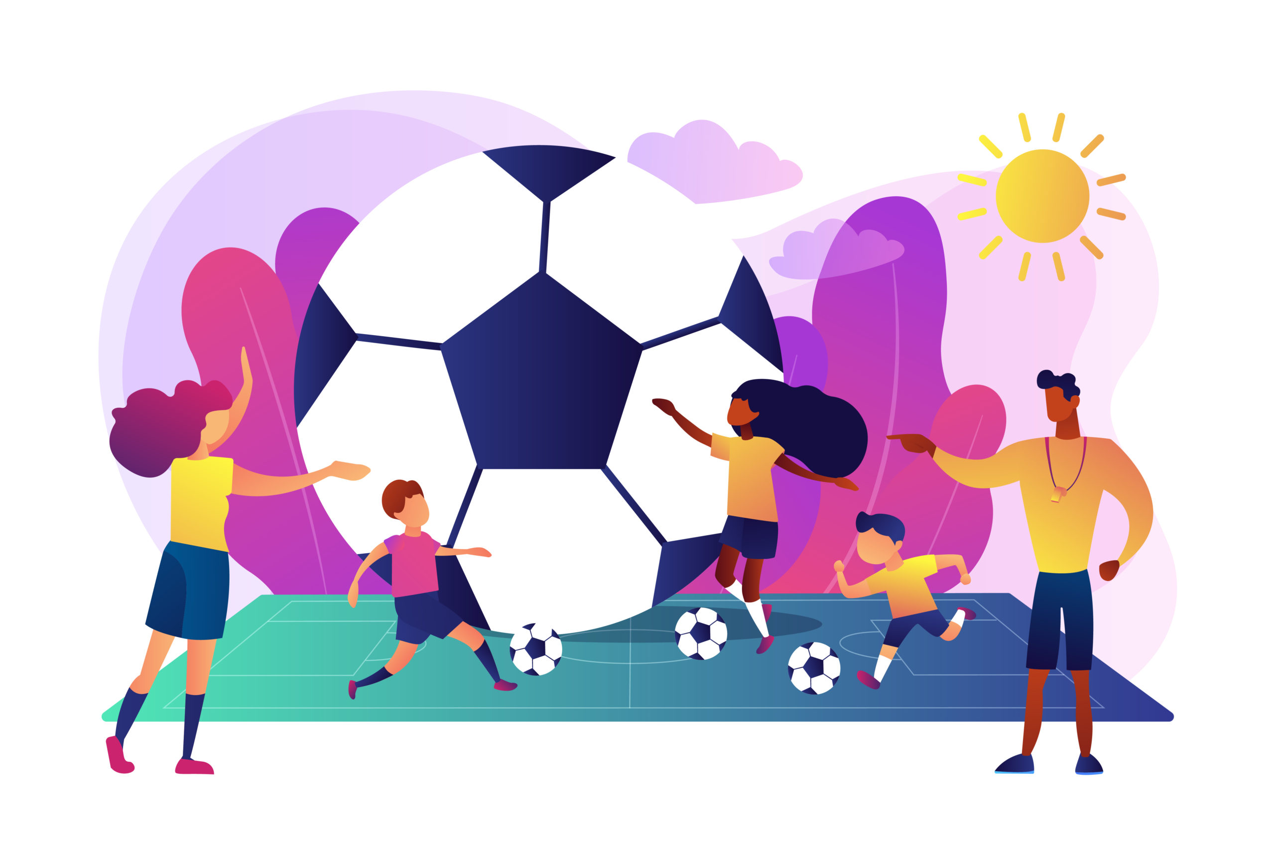 Soccer camp concept vector illustration. Kids learning to play soccer with balls on the field in summer camp, tiny people. Soccer camp, football academy, kids soccer school concept. Bright vibrant violet vector isolated illustration