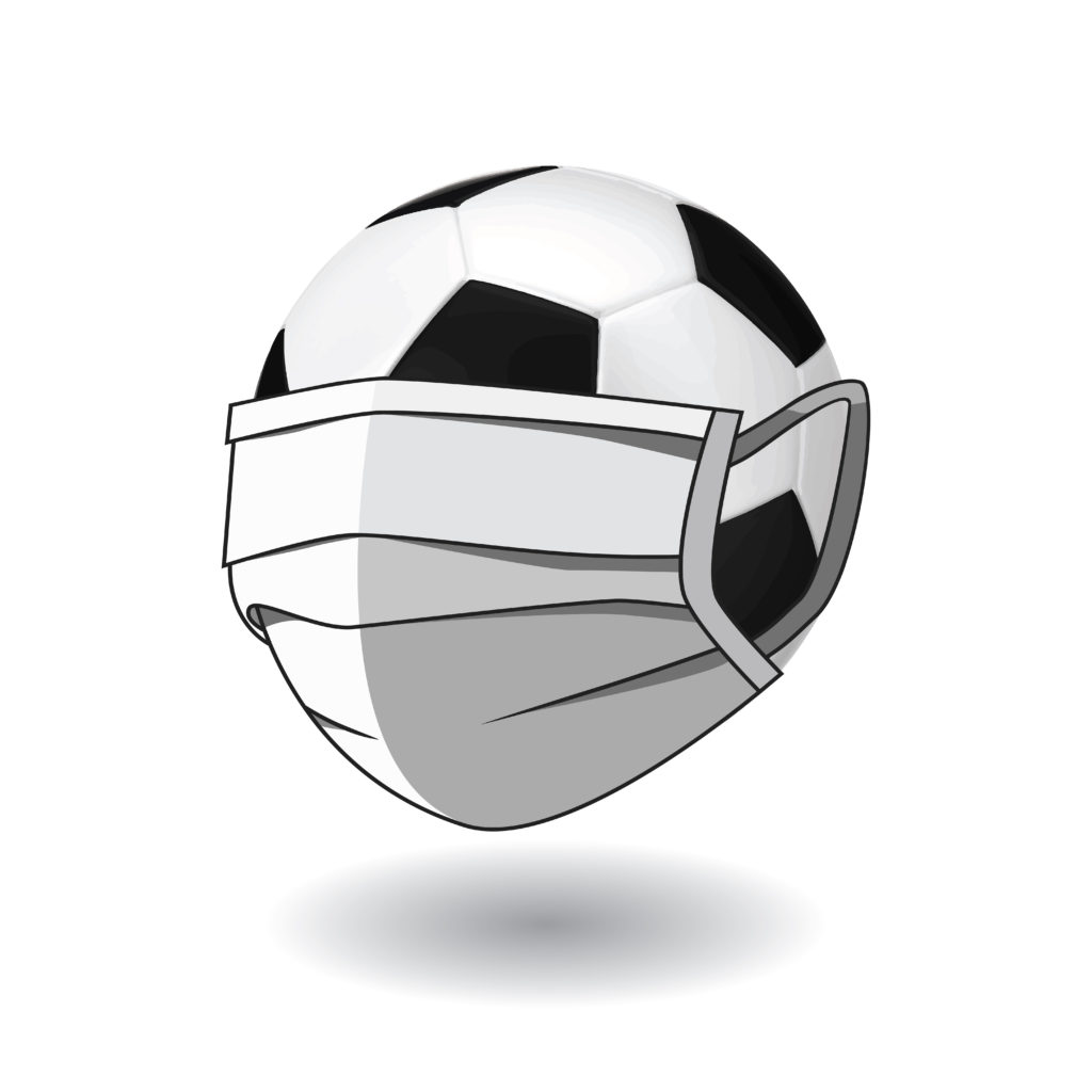 Soccer ball in a medical mask. Cancellation and postponement of football matches and Championships due to the flu virus pandemic. Vector illustration for design and Cui isolated on a white background. Soccer ball in a medical mask. Cancellation and postponement of football matches and Championships due to the flu virus pandemic. Vector illustration for design and Cui isolated on a white background.