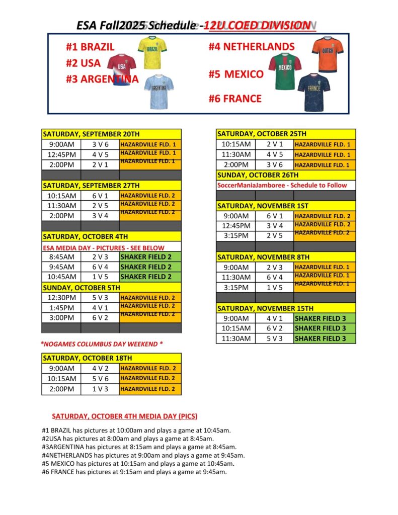 ESA Fall 2025 - 11U-12U Coed - Recreational Game Schedule