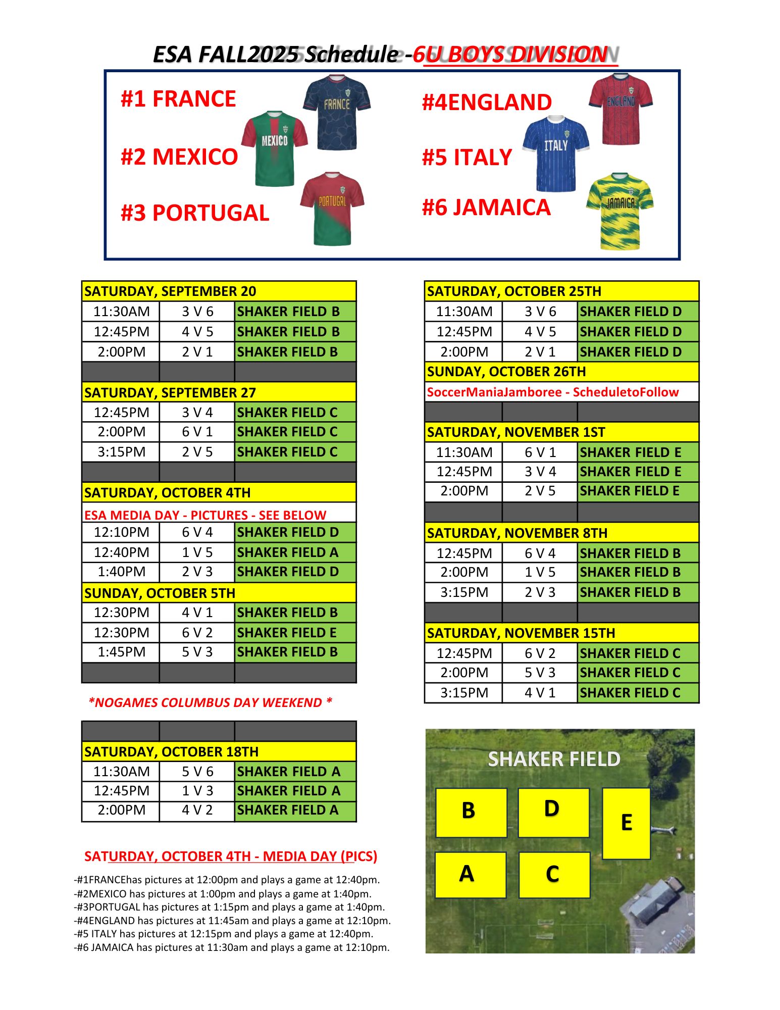 ESA Fall 2025 - 6U Boys - Recreational Game Schedule