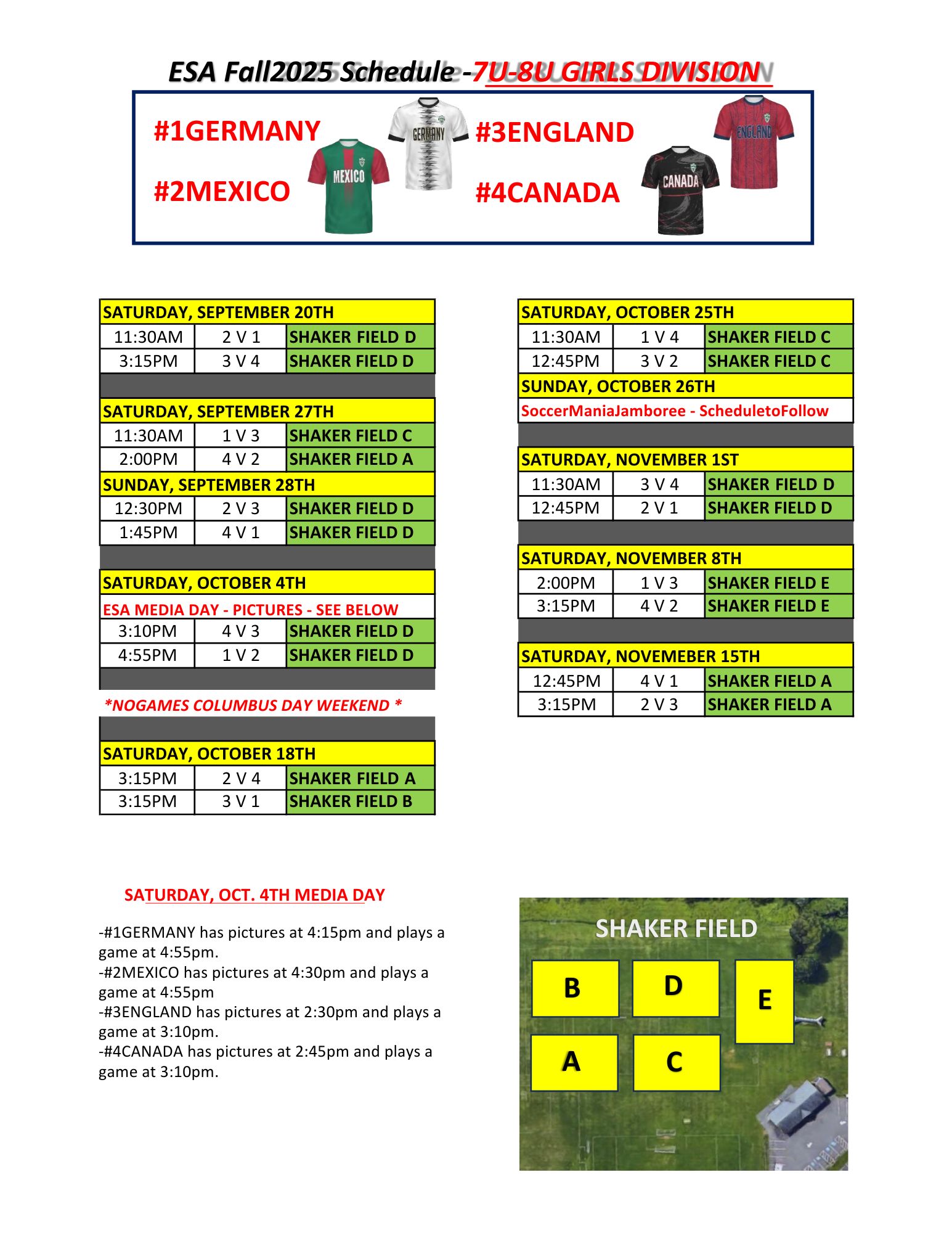 ESA Fall 2025 - 7U-8U Girls - Recreational Game Schedule