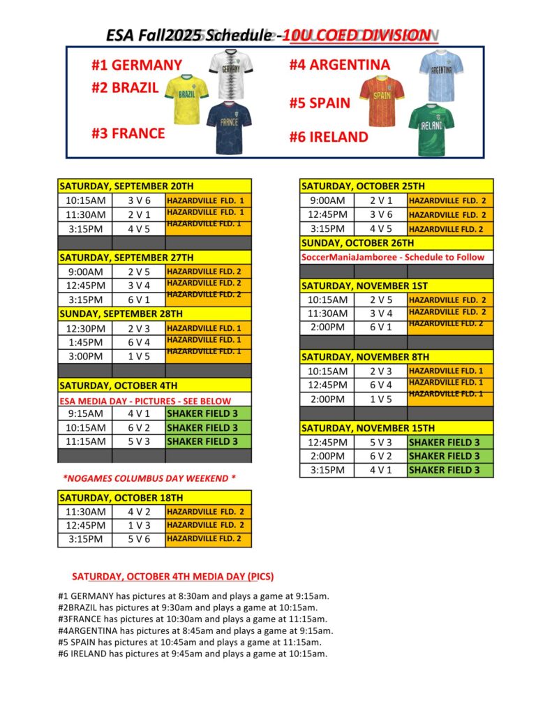 ESA Fall 2025 - 9U-10U Coed - Recreational Game Schedule